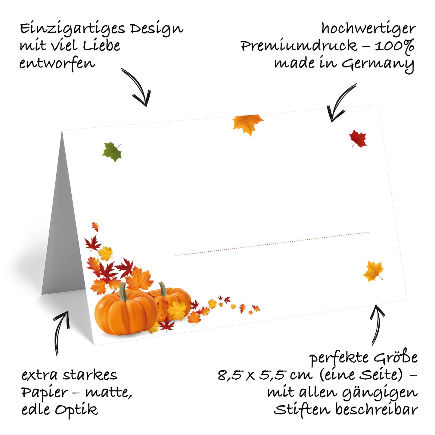 Tischkarten im Herbstmotiv mit Kürbis und fallenden Blättern - 50 Stück Merz Designkarten