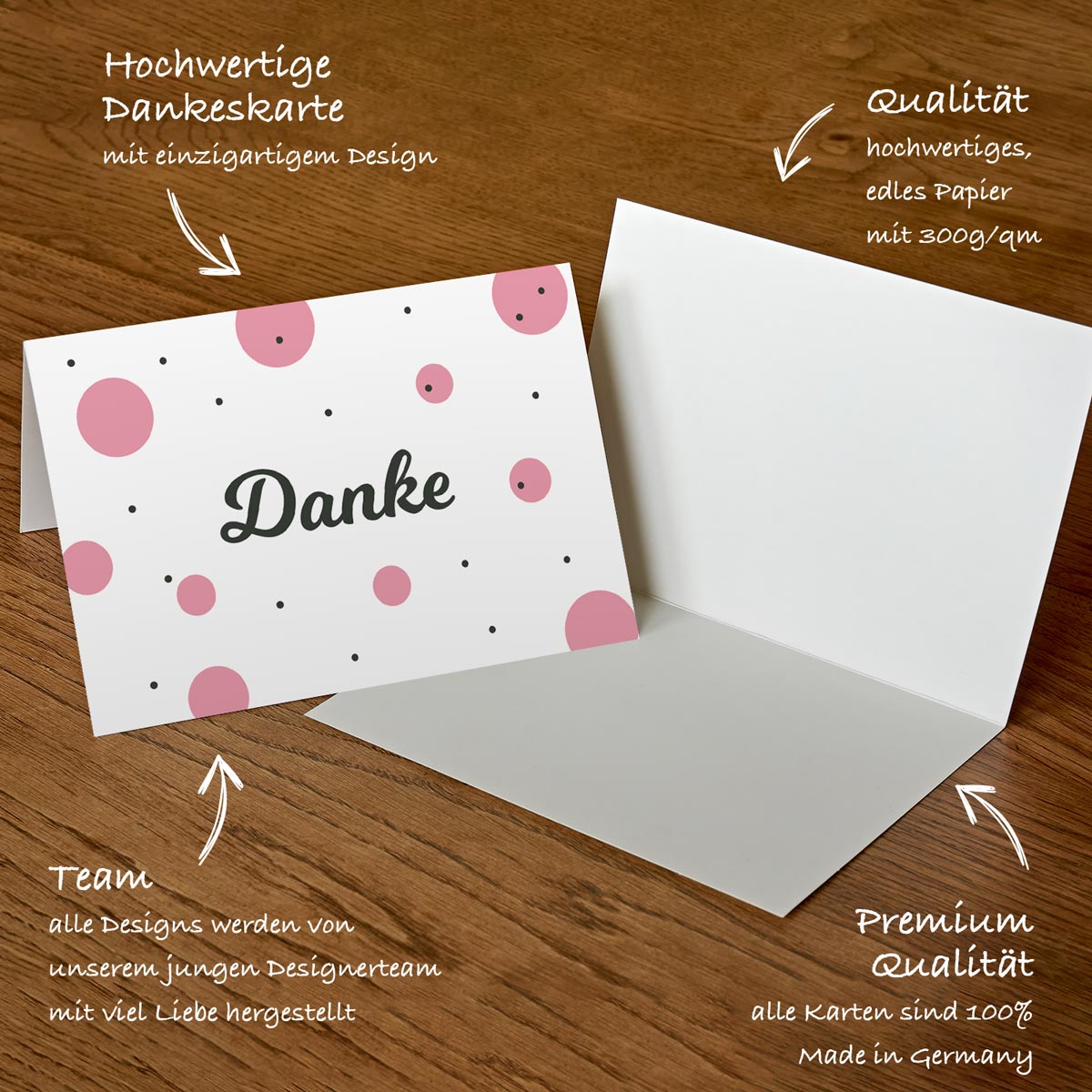 4Stück Premium Dankeskarten (Klappkarten) mit 4 Umschlägen, Danke Karten Geburt Merz Designkarten