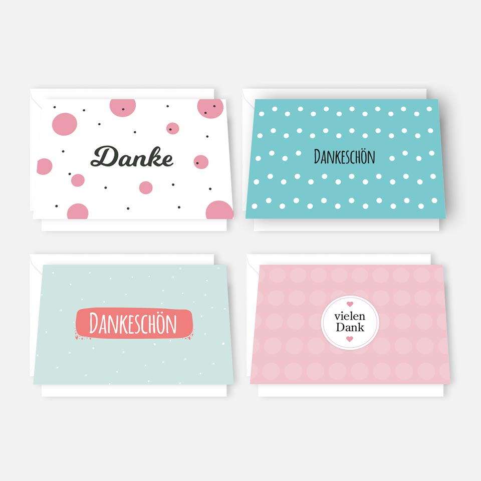4Stück Premium Dankeskarten (Klappkarten) mit 4 Umschlägen, Danke Karten Geburt Merz Designkarten