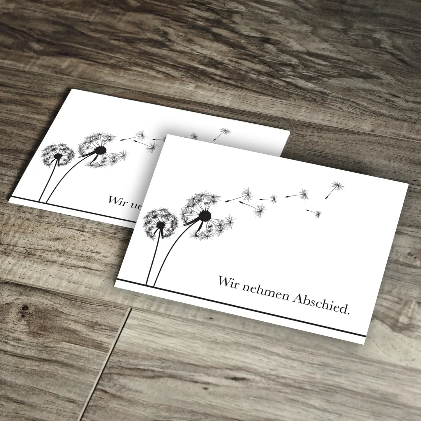 12er Set einfühlsame Trauerkarten Beileidskarten Klappkarten mit Briefumschlag mit Pusteblumen und Abschiedstext auf Holzuntergrund