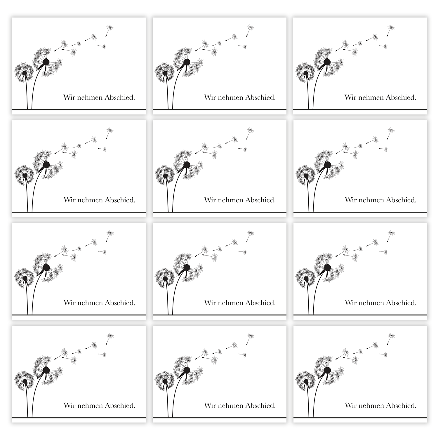 12er Set einfühlsame Trauerkarten mit zarten Pusteblumen und Beileidstext "Wir nehmen Abschied" inklusive Briefumschlägen.