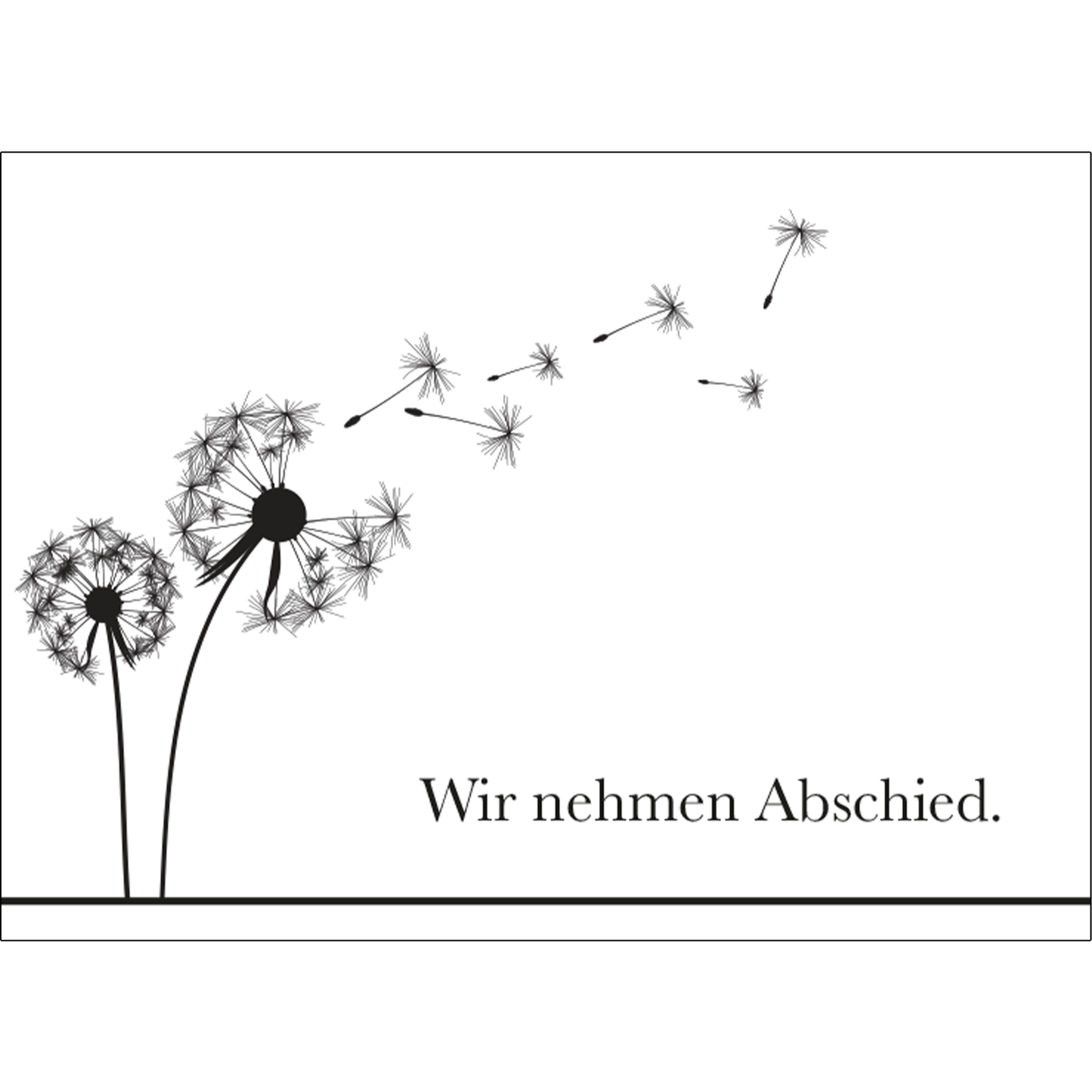 12er Set einfühlsame Trauerkarten mit Pusteblumenmotiv und dem Text „Wir nehmen Abschied“ auf weißem Hintergrund.