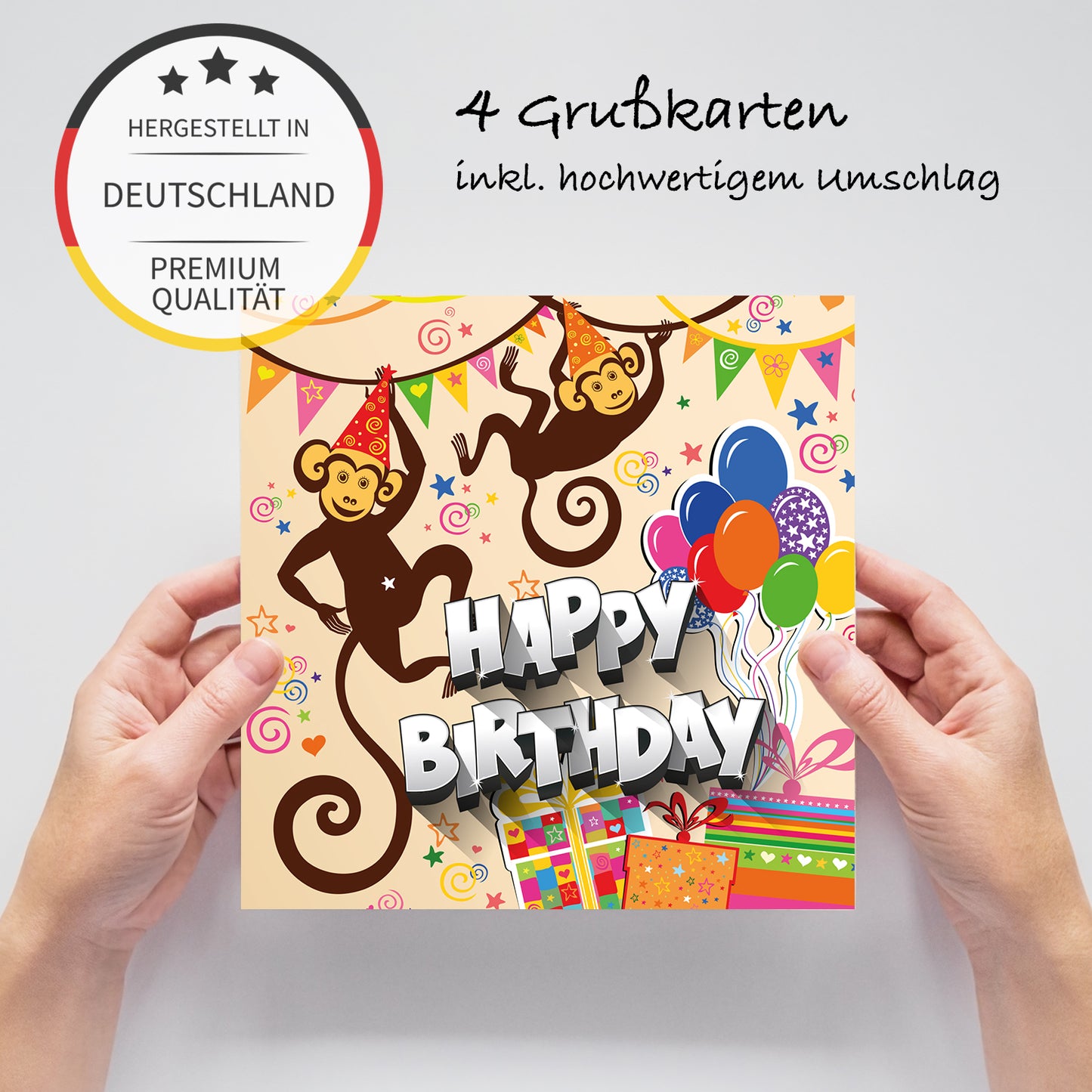 1 edle Geburtstagskarte Happy Birthday für Kinder Affe 14,8x14,8cm mit Umschlag