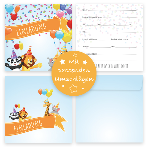 12 Einladungskarten Kindergeburtstag Party Postkarten 14,8x14,8cm + 12 Umschläge Merz Designkarten