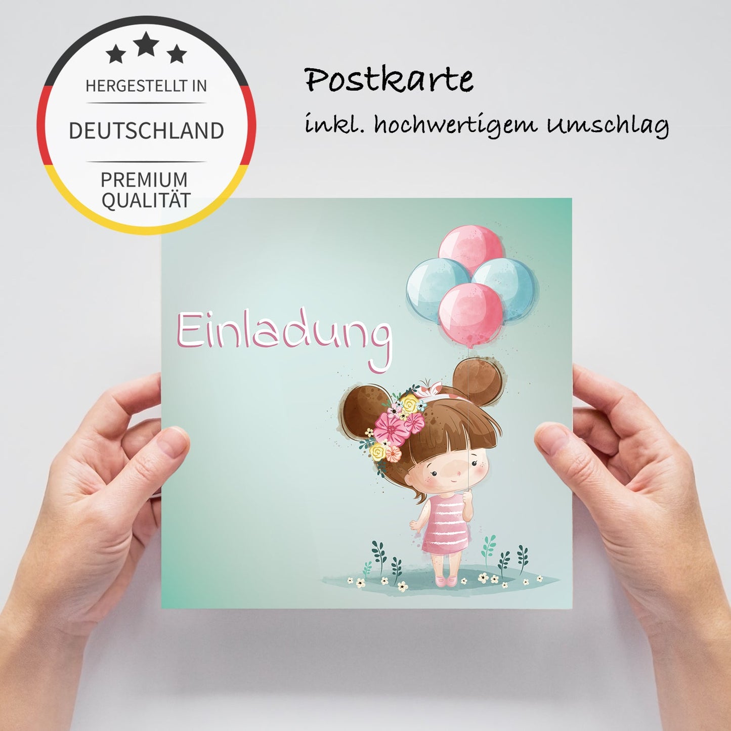 12 Einladungskarten Kindergeburtstag Mädchen Postkarten 14,8x14,8cm + 12 Kuverts Merz Designkarten