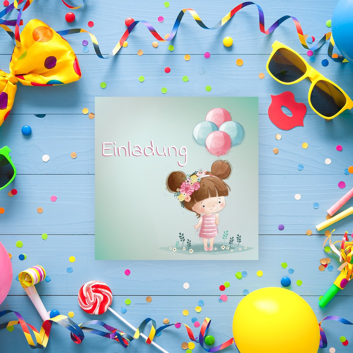 12 Einladungskarten Kindergeburtstag Mädchen Postkarten 14,8x14,8cm + 12 Kuverts Merz Designkarten