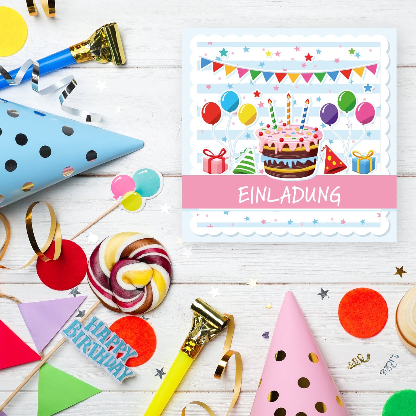 12 Einladungskarten Kindergeburtstag Torte Postkarten 14,8x14,8cm + 12 Umschläge Merz Designkarten