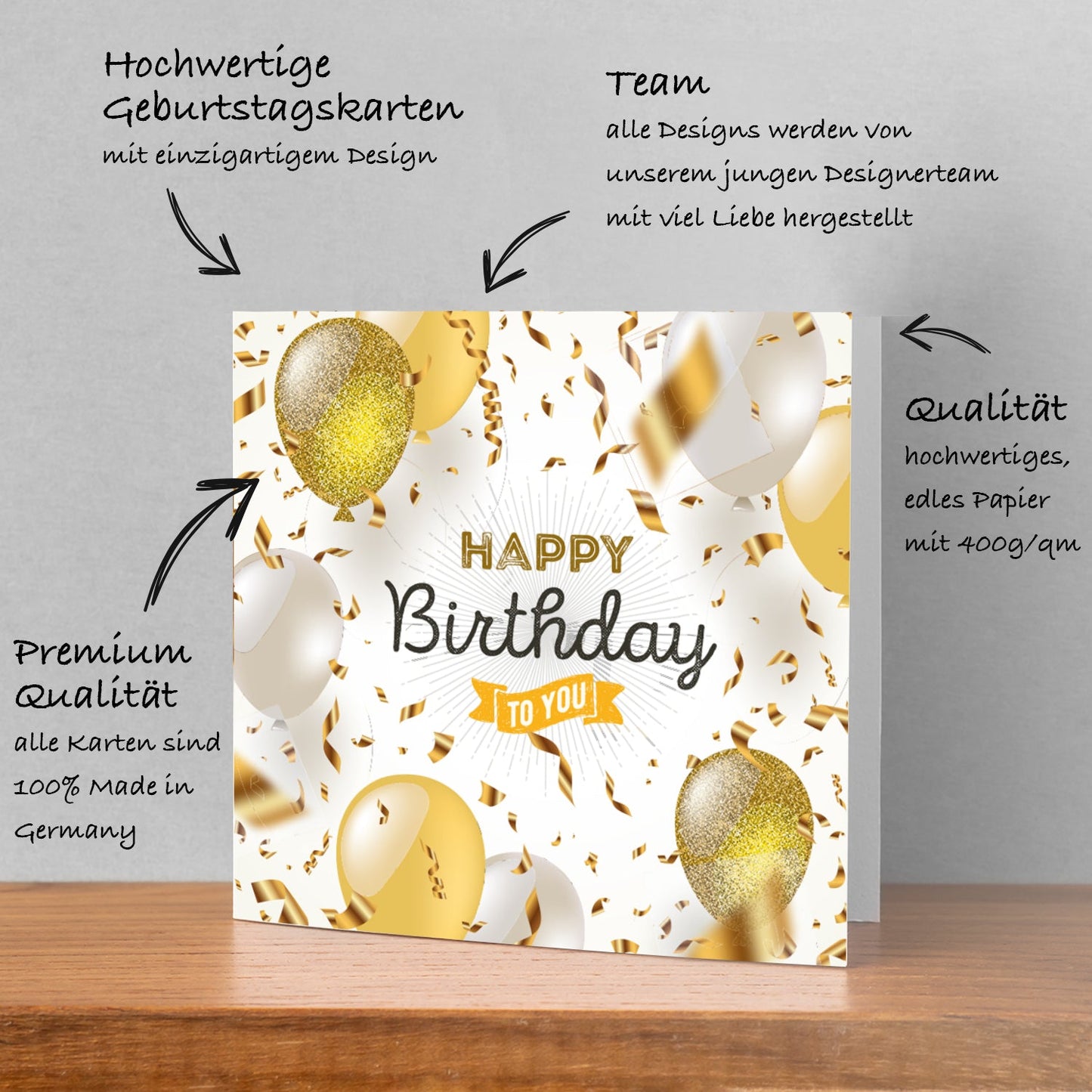 1 Geburtstagskarte Klappkarte Happy Birthday 14,8x14,8cm und 1 weißer Umschlag Merz Designkarten
