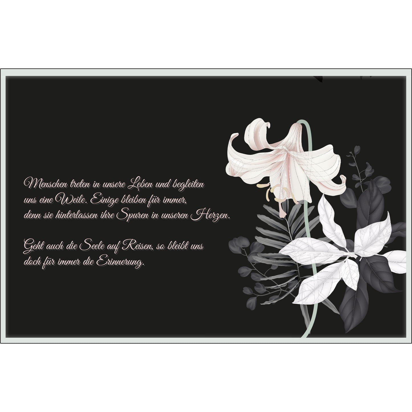 Hochwertige nachhaltige Trauerkarte mit floralem Design und einfühlsamem Spruch in eleganter Schrift.