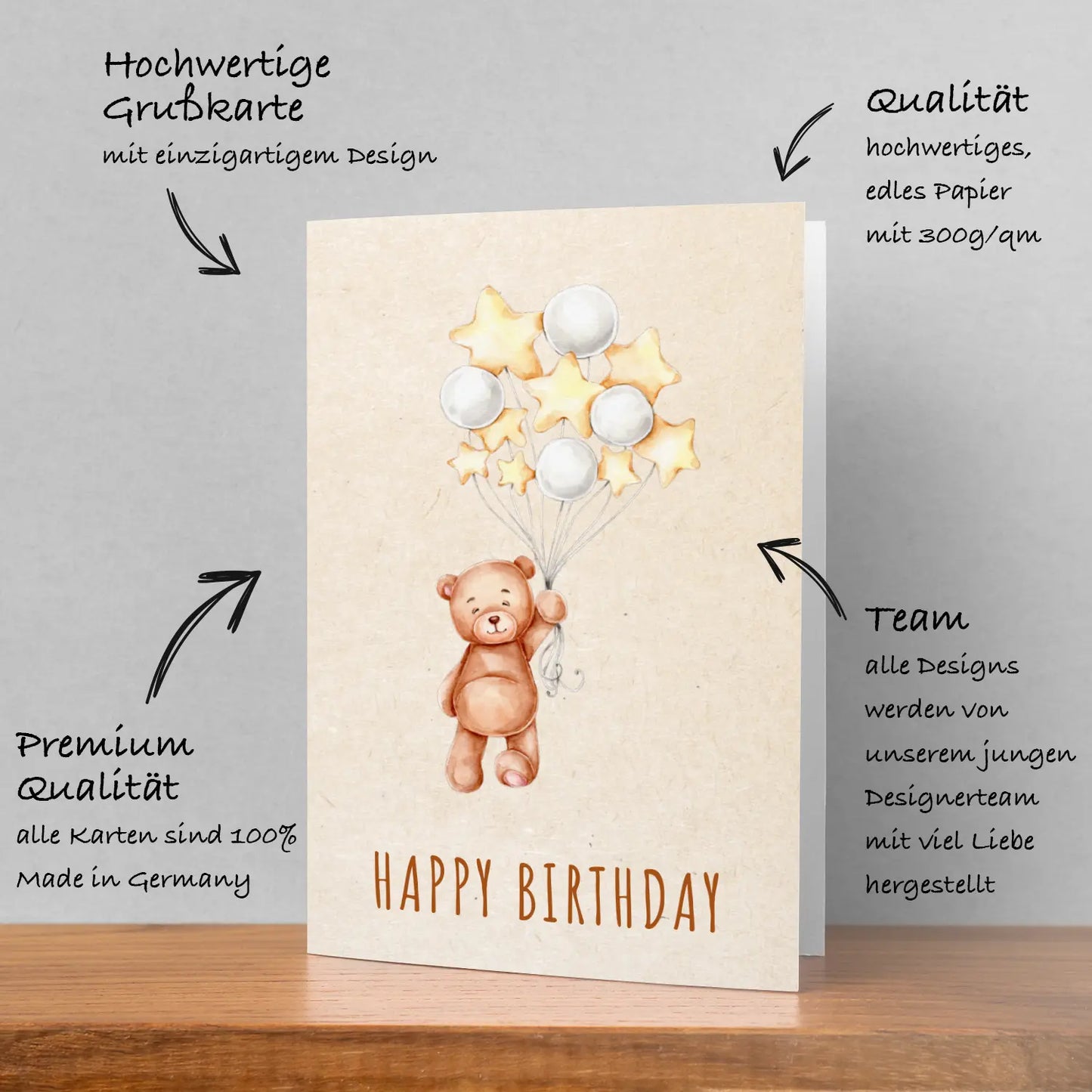 1 Premium Geburtstagskarte 18x12cm Happy Birthday Bärmotiv mit 1 weißem Umschlag