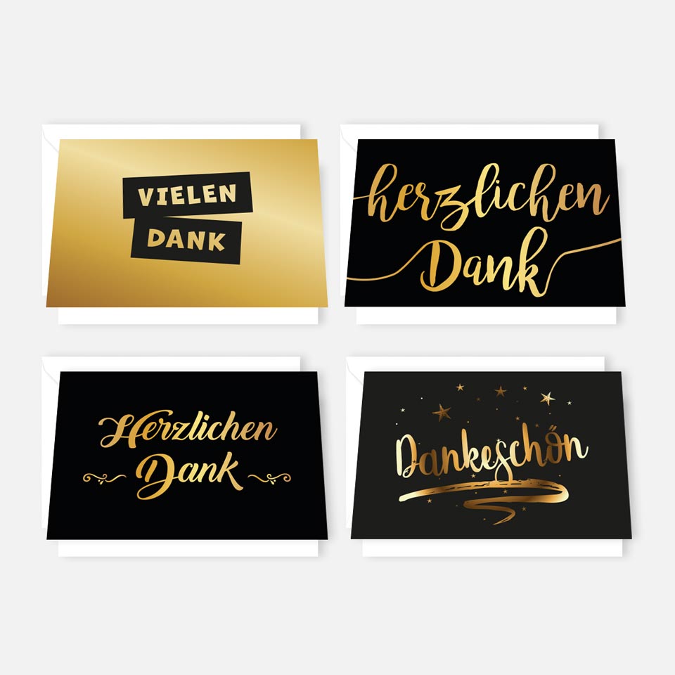 4 Premium Dankeskarten 12x18cm, Klappkarten +4 Kuverts, Danke Karten Dankekarten Merz Designkarten