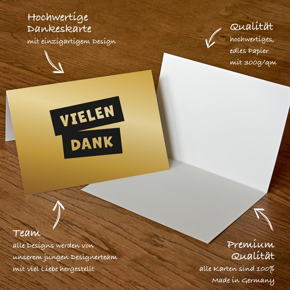 4 Premium Dankeskarten 12x18cm, Klappkarten +4 Kuverts, Danke Karten Dankekarten Merz Designkarten
