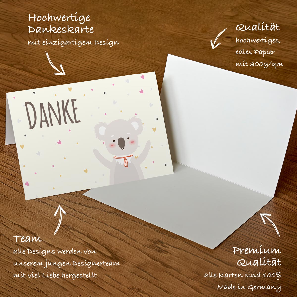 10 Stück Premium Dankeskarten (Klappkarten) mit Umschlägen, Danke Karten Geburt Merz Designkarten