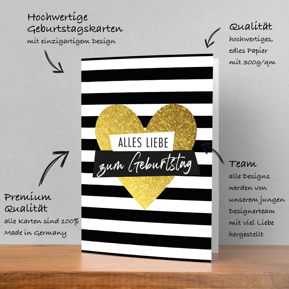 1 Premium Geburtstagskarte Happy Birthday 18x12cm in gold, schwarz , weiß