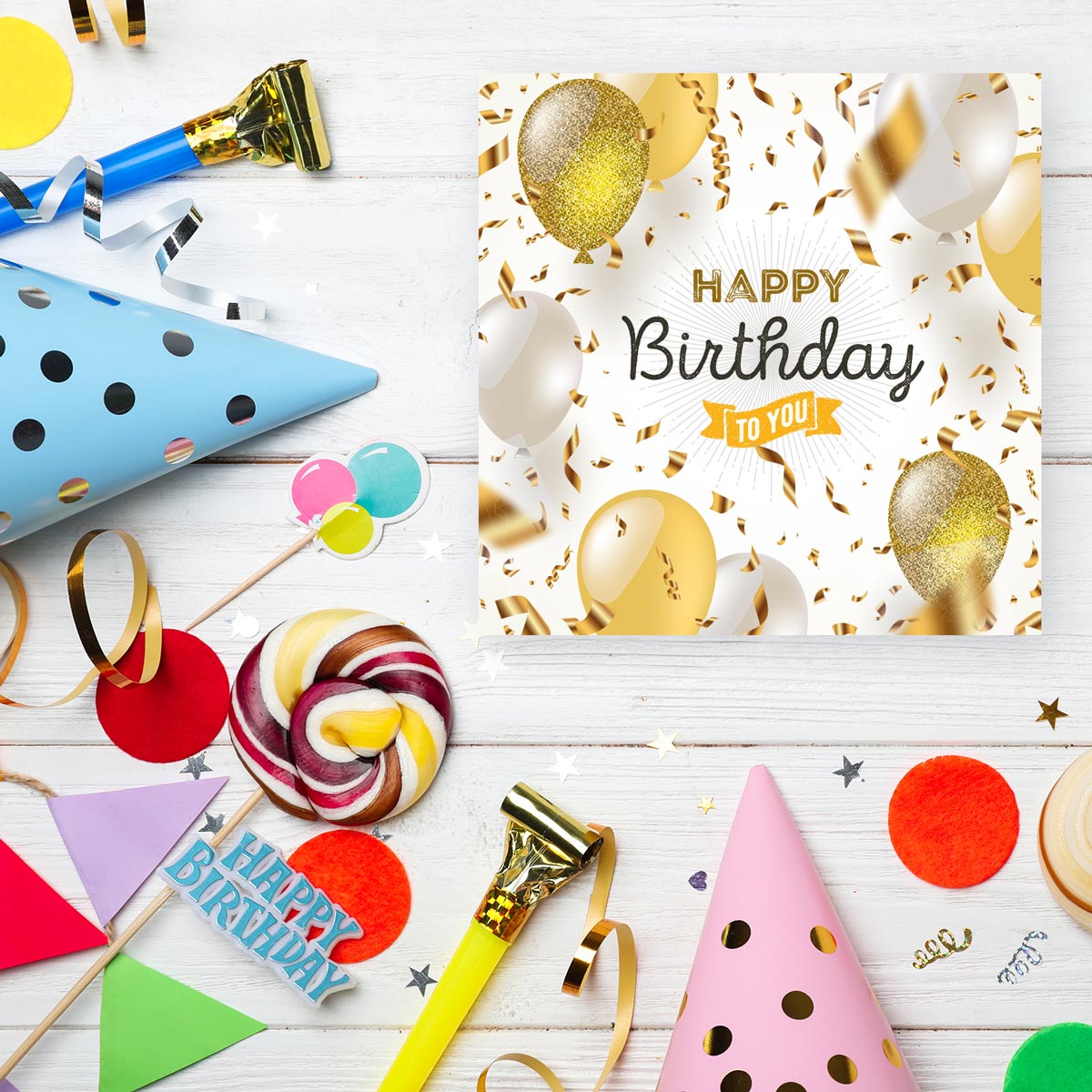 4 Geburtstagskarten Klappkarten Happy Birthday 14,8x14,8cm und 4 weiße Umschläge Merz Designkarten