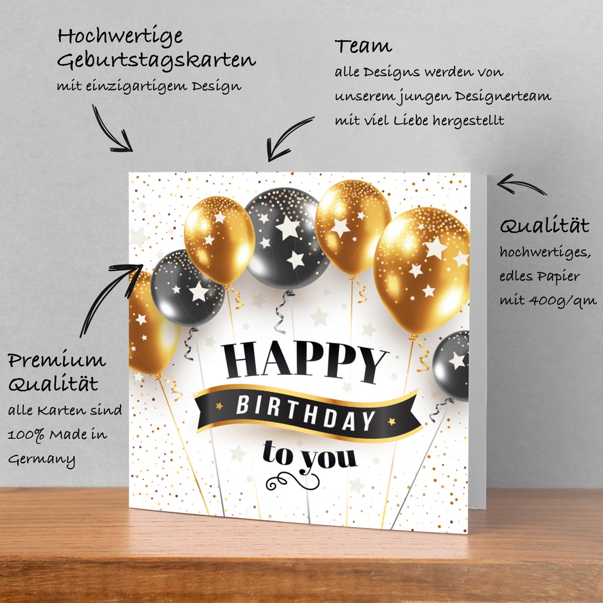 1 Geburtstagskarte Klappkarte Happy Birthday 14,8x14,8cm und 1 weißer Umschlag Merz Designkarten