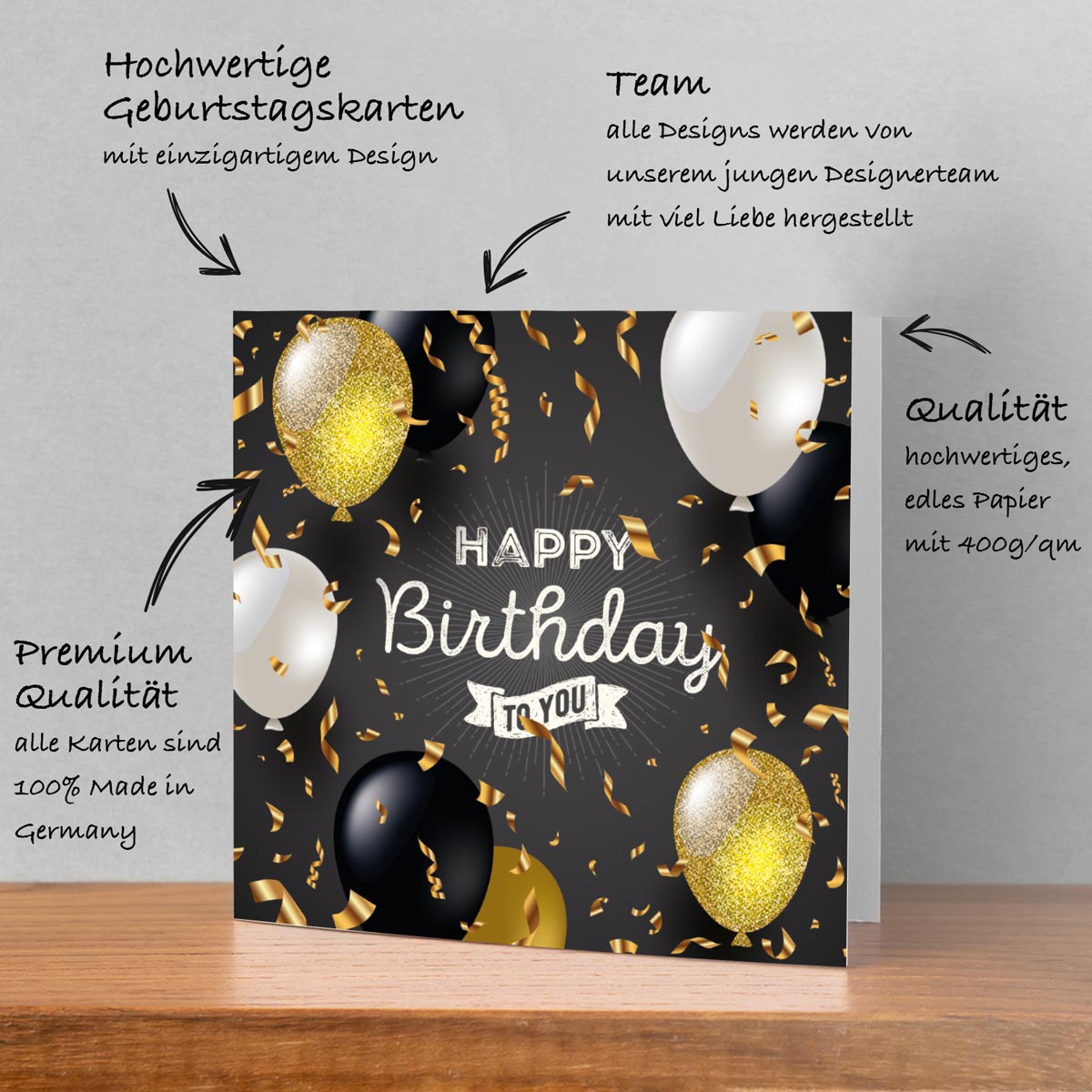 1 edle Geburtstagskarte Klappkarte Happy Birthday 14,8x14,8cm + weißer Umschlag Merz Designkarten