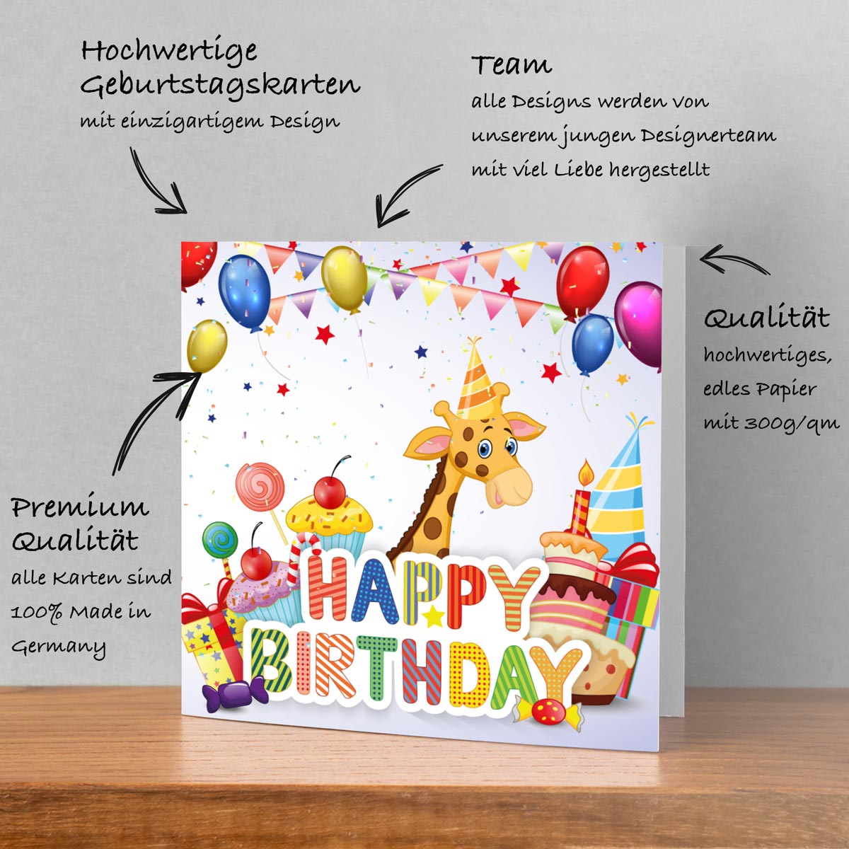 1 Geburtstagskarte Happy Birthday für Kinder Giraffe 14,8x14,8cm mit 1 Umschlag Merz Designkarten