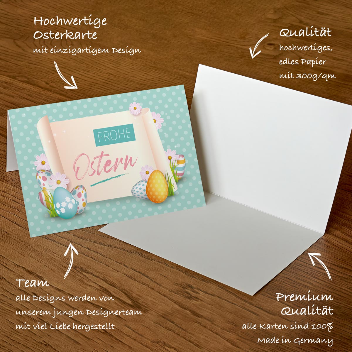 6 Premium Osterkarte Grußkarten Ostern Klappkarte mit 6 Umschläge 12x18cm Karten Merz Designkarten