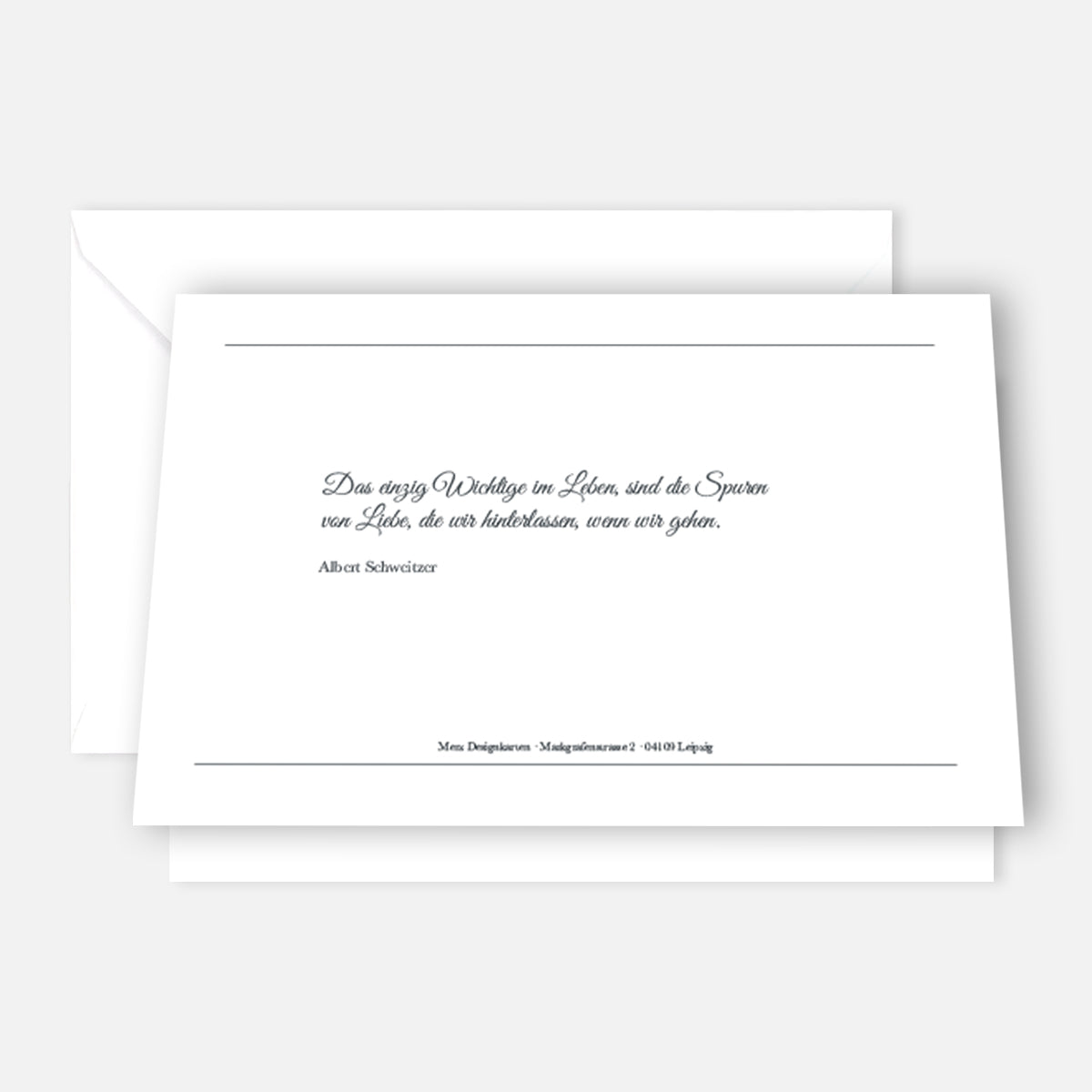 Hochwertige nachhaltige Trauerkarten mit dezentem Spruch und Umschlag, minimalistisches Design.