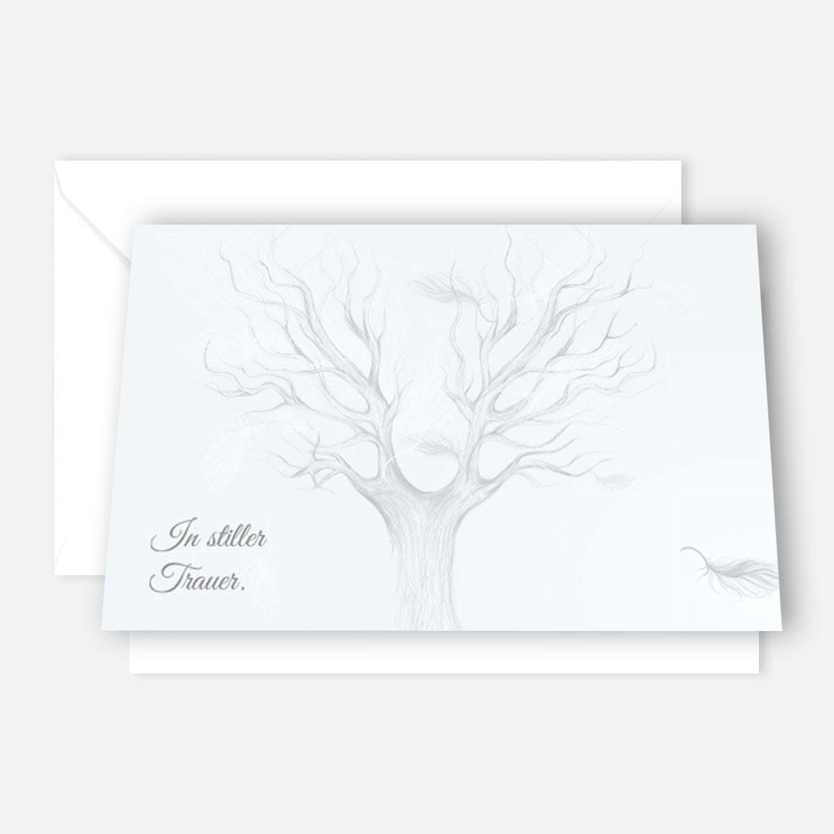 Nachhaltige hochwertige Trauerkarten mit Baum-Design und Schriftzug „In stillem Trauer“.