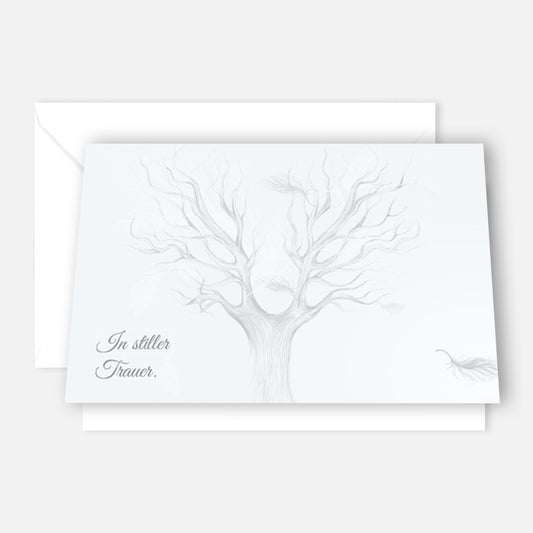 Nachhaltige hochwertige Trauerkarten mit Baum-Design und Schriftzug „In stillem Trauer“.