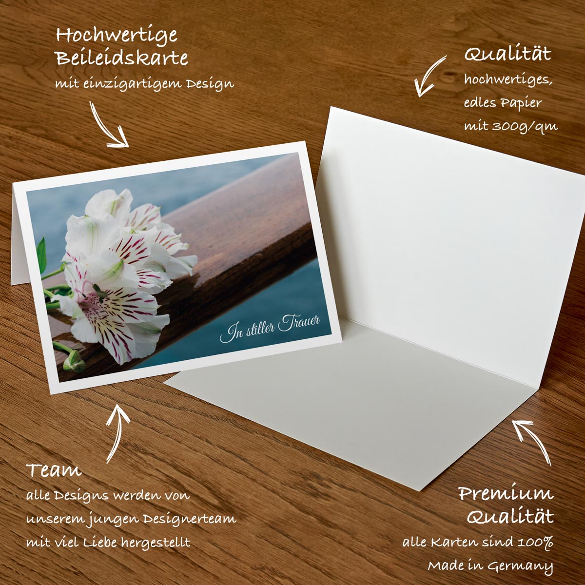 Trauerkarte mit floralem Design, nachhaltiges hochwertiges Papier, klappbar, elegante Danksagungskarte.