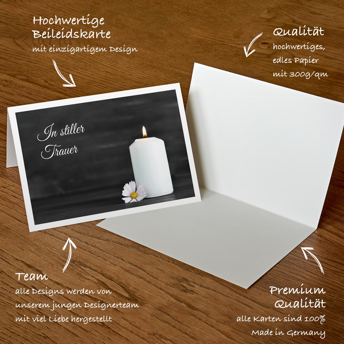 Beileidskarte mit Kerze und Blume, hochwertiges nachhaltiges Papier, edles Design, Klappkarte mit Umschlag.