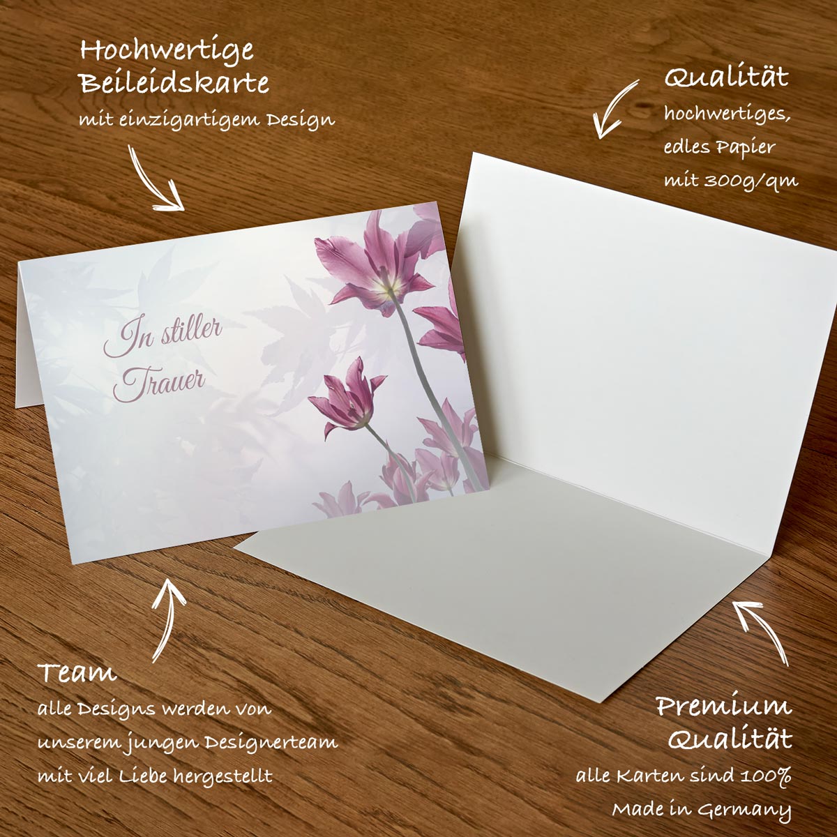 Hochwertige nachhaltige Beileidskarte mit floralem Design und edlem Spruch "In stiller Trauer".