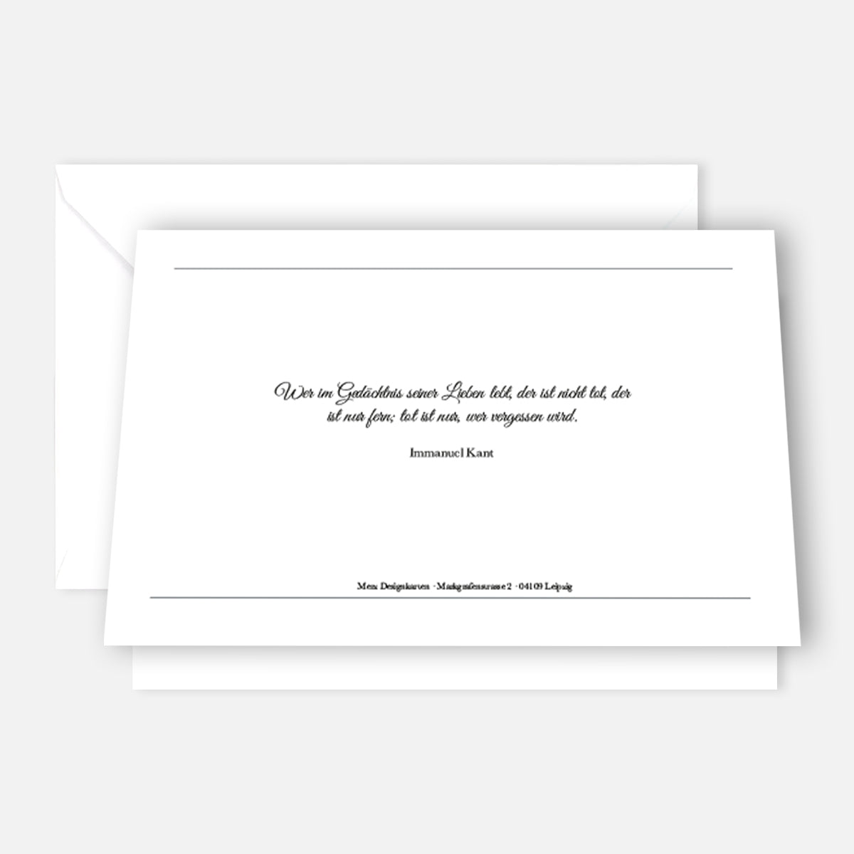 Weißer Klappkarte mit schwarzem Trauerspruch, hochwertiges nachhaltiges Design, mit passendem Umschlag.