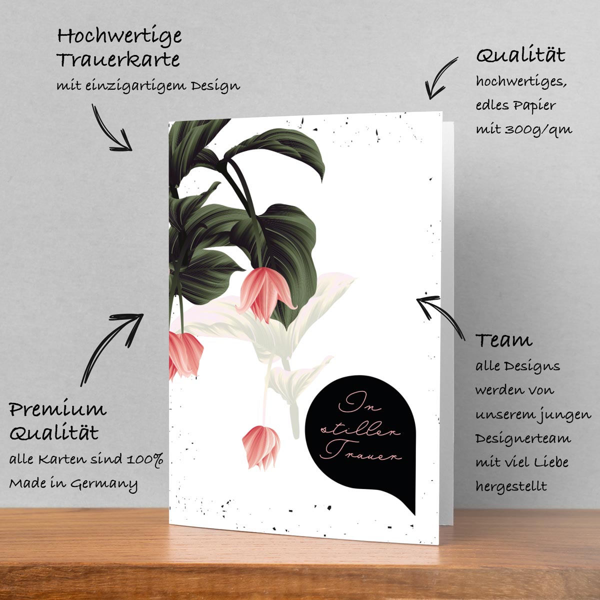 Nachhaltige, hochwertige Trauerkarten mit elegantem floralem Design und edlem Spruch.