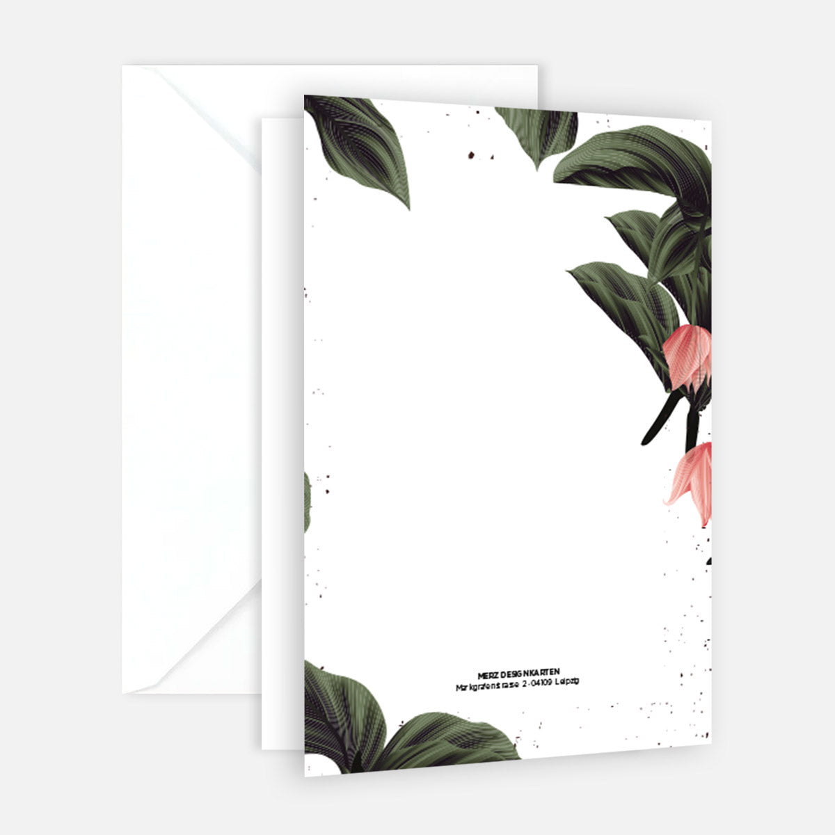 Hochwertige nachhaltige Trauerkarte mit floralem grün-pink Design und passendem weißem Umschlag.
