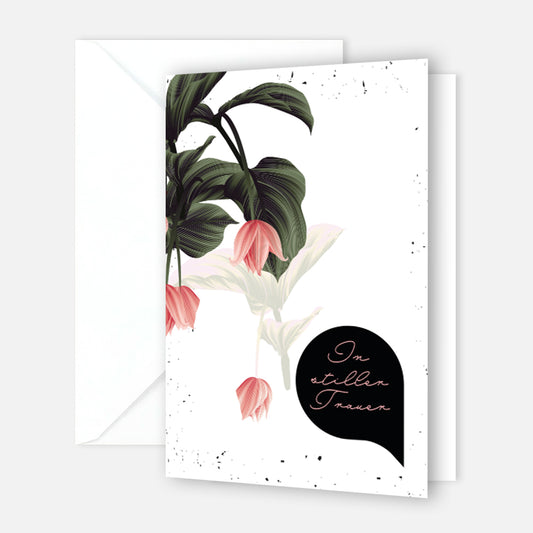 Hochwertige nachhaltige Trauerkarte mit floralem Design und schwarzem Spruchfeld "In stiller Trauer".