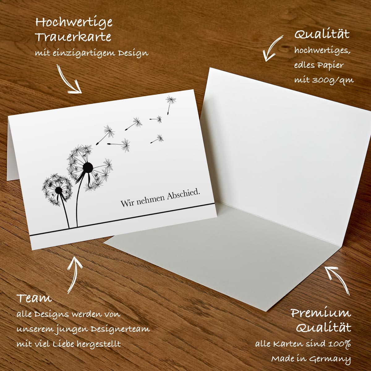 30er Set hochwertige nachhaltige Trauerkarten mit einfühlsamem Pusteblumen-Design und passenden Briefumschlägen.