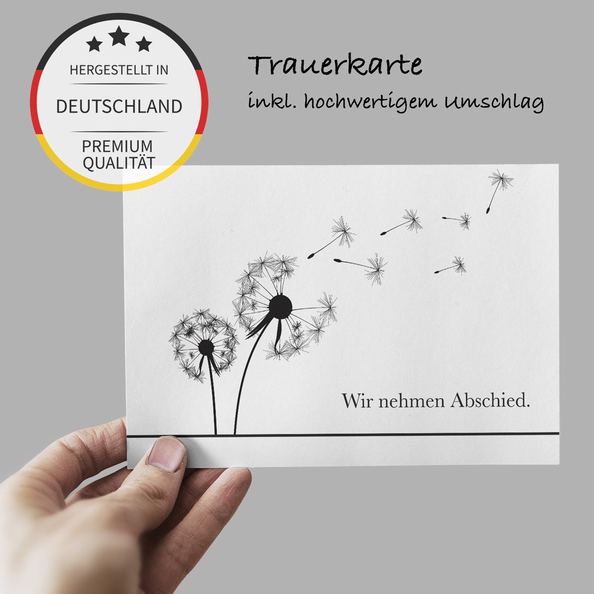 Weiße Trauerkarte mit hochwertigem nachhaltigem Design, Pusteblumen und Text "Wir nehmen Abschied".