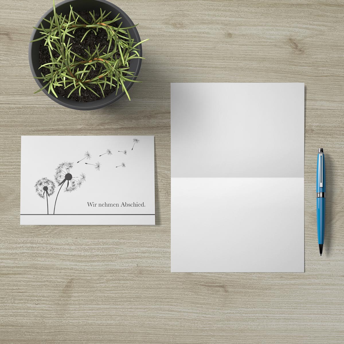 30er Set hochwertige nachhaltige Trauerkarten mit Klappdesign und Umschlag, Pusteblume-Motiv.