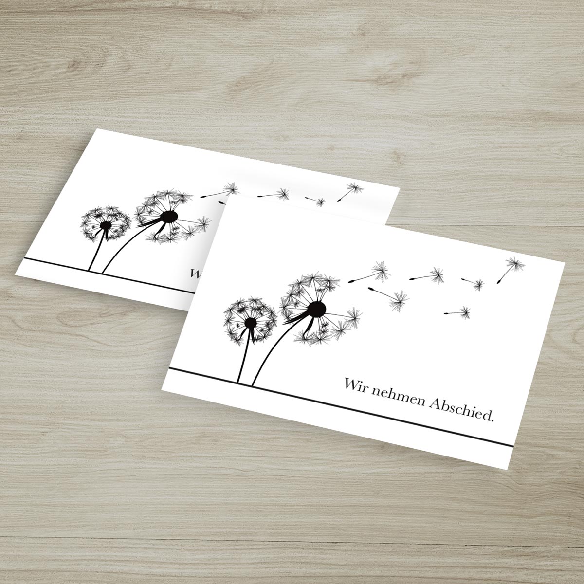 Nachhaltige Trauerkarten-Set mit hochwertigem Design, Klappkarten mit Pusteblumen-Motiv und Umschlägen.