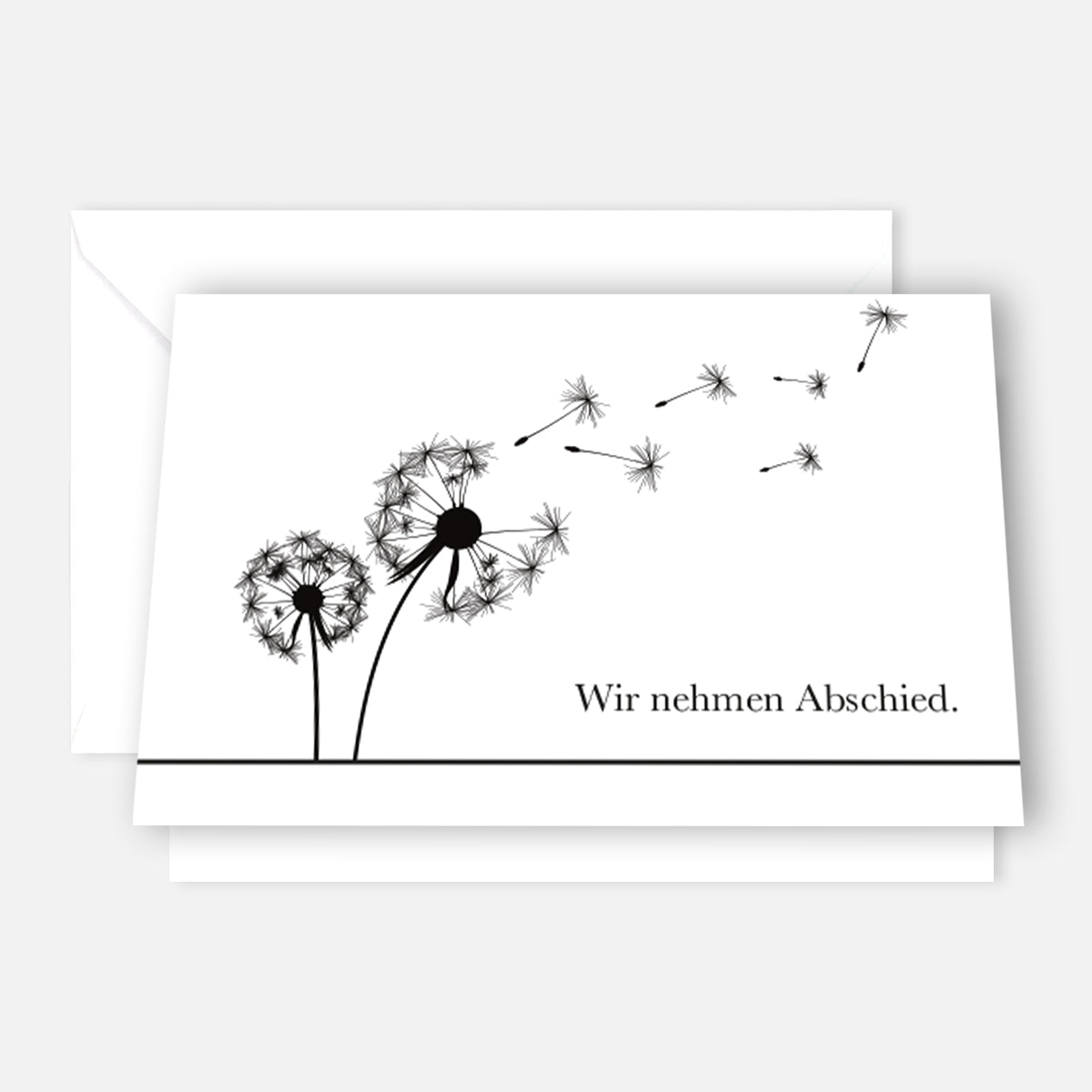 12er Set einfühlsame Trauerkarten mit Klappkarte und Briefumschlag, Motiv Löwenzahn, Text Wir nehmen Abschied.