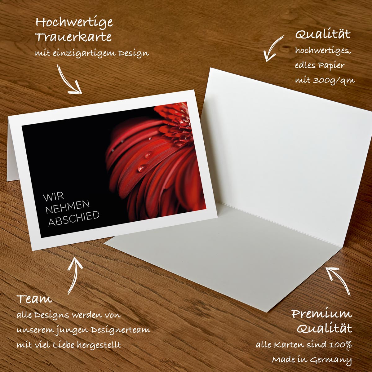 Hochwertige nachhaltige Trauerkarten mit modernem schwarzem Design und roter Blume, inkl. Umschlag.
