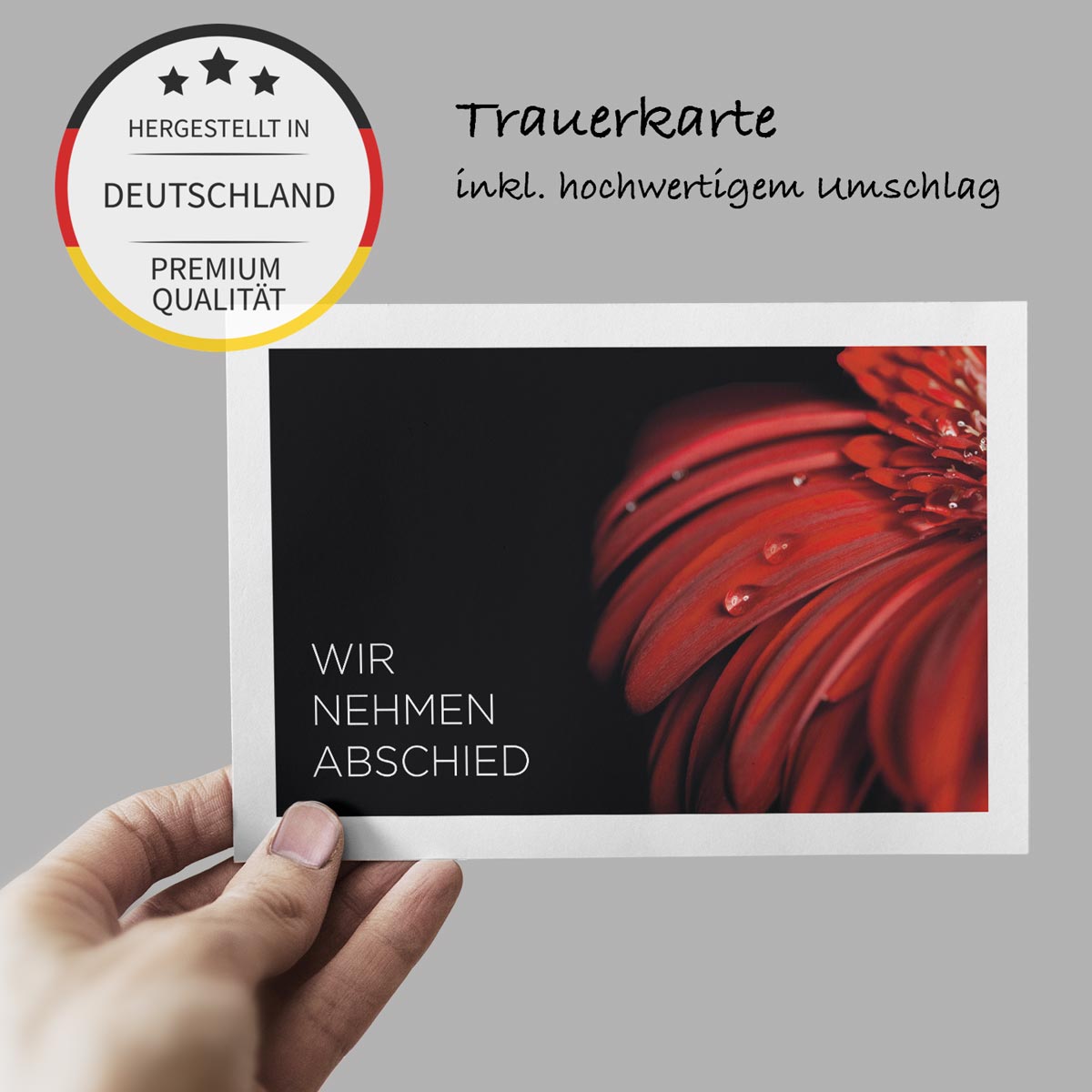 Nachhaltige hochwertige Trauerkarte mit roter Blüte und modernem Design, inkl. Umschlag.