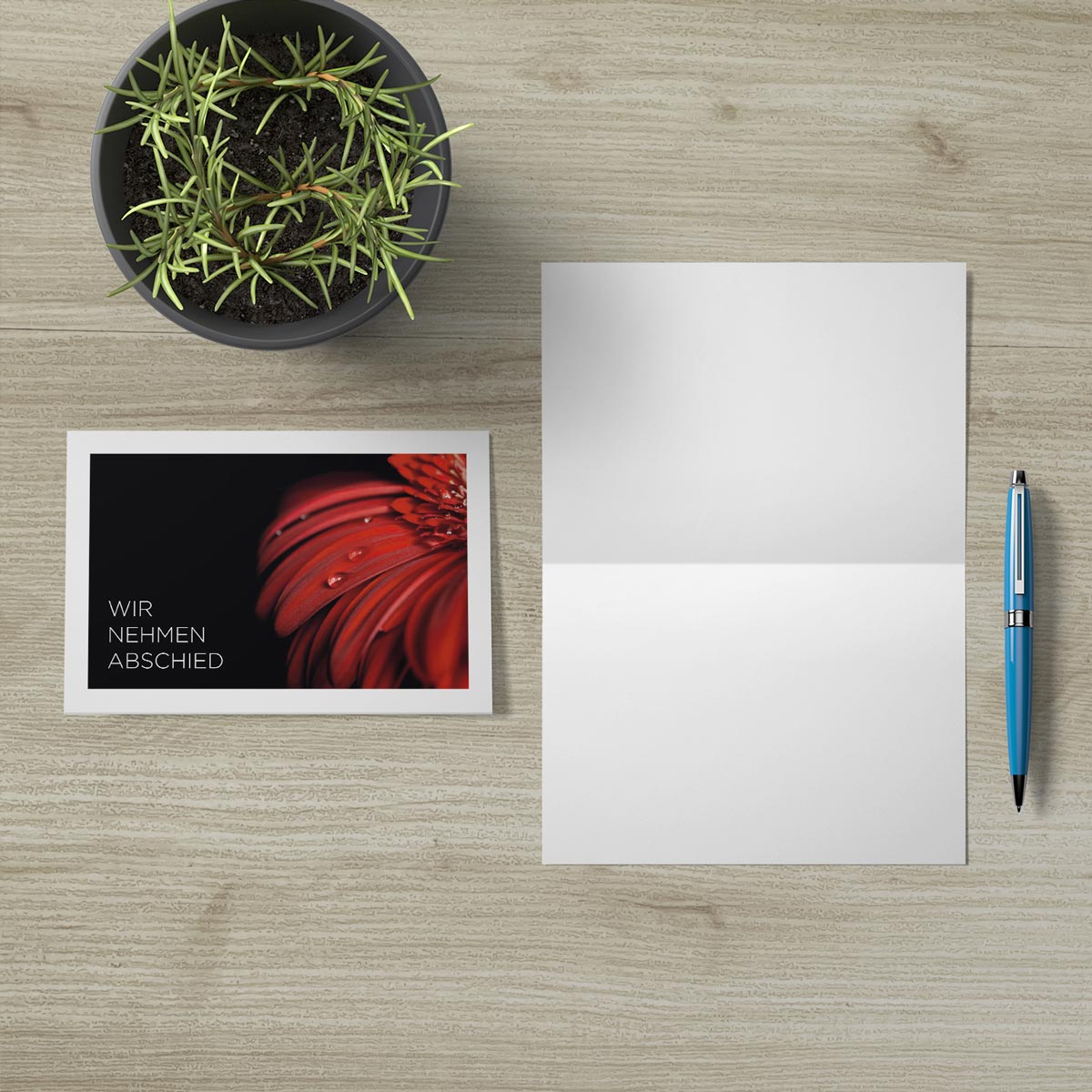 Nachhaltige, hochwertige Trauerkarten mit schwarzem Hintergrund und rotem Blumendesign, weiße Innenseite, Klappkarte mit.