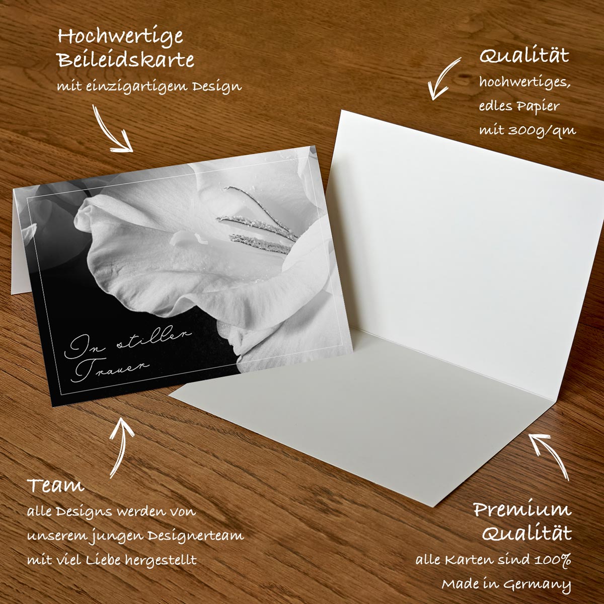 Hochwertige nachhaltige Trauerkarten mit modernem Design, Schwarz-Weiß-Fotografie und edlem Papier.