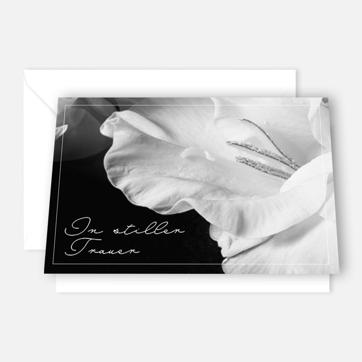 Hochwertige, nachhaltige Trauerkarte mit weißer Blume auf schwarzem Hintergrund und feinem Design.