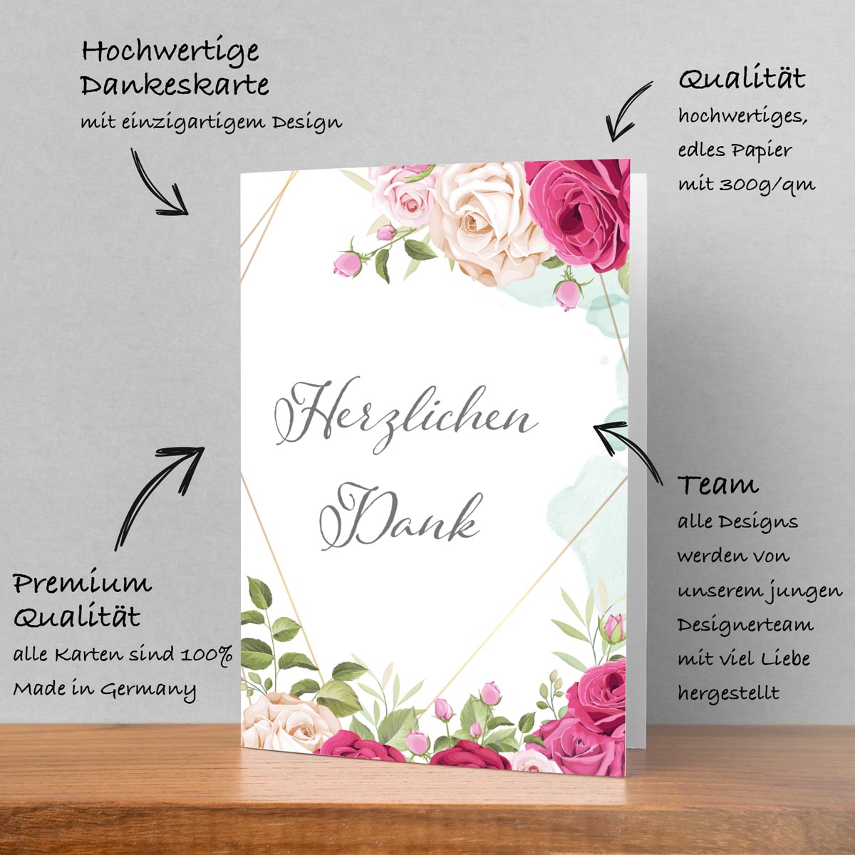 6 Stück Premium Dankeskarten (Klappkarten) mit Umschlägen, Danke Karten Geburt Merz Designkarten