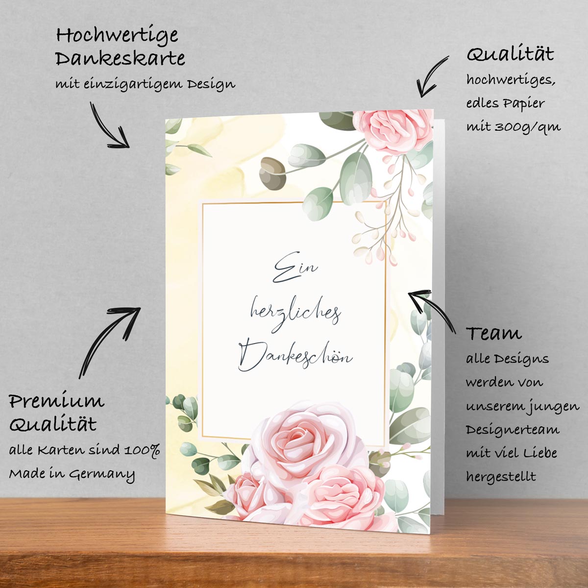 6 Stück edle Dankeskarten (Klappkarten) mit Umschlägen, Danke Karten Geburt Merz Designkarten