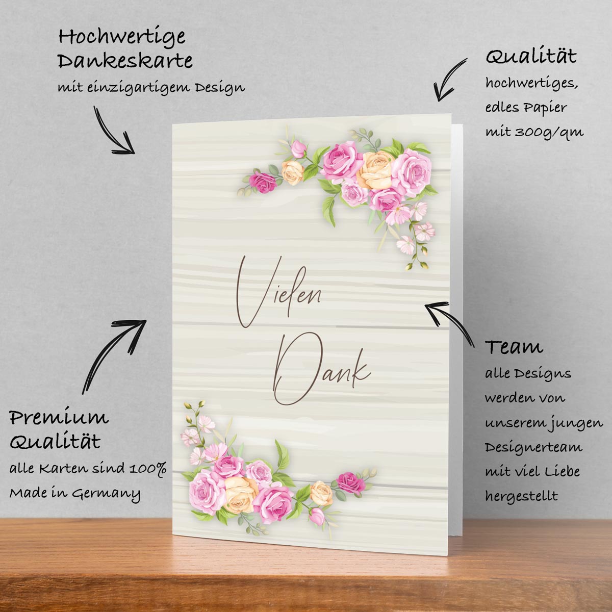 6 Stück Premium Dankeskarten (Klappkarten) mit Umschlägen, Danke Karten Geburt Merz Designkarten