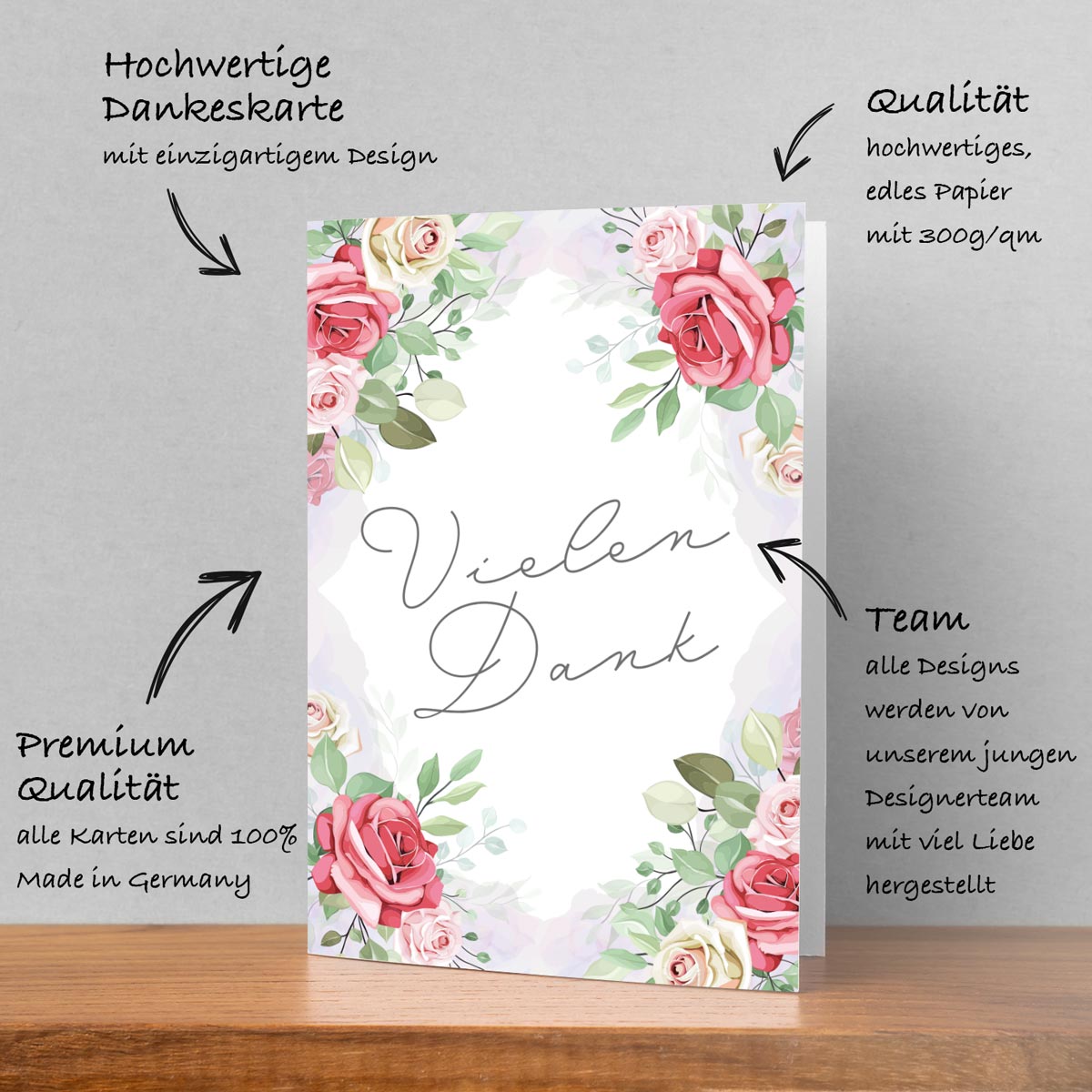 6 Stück Premium Dankeskarten (Klappkarten) mit Umschlägen, Danke Karten Geburt Merz Designkarten