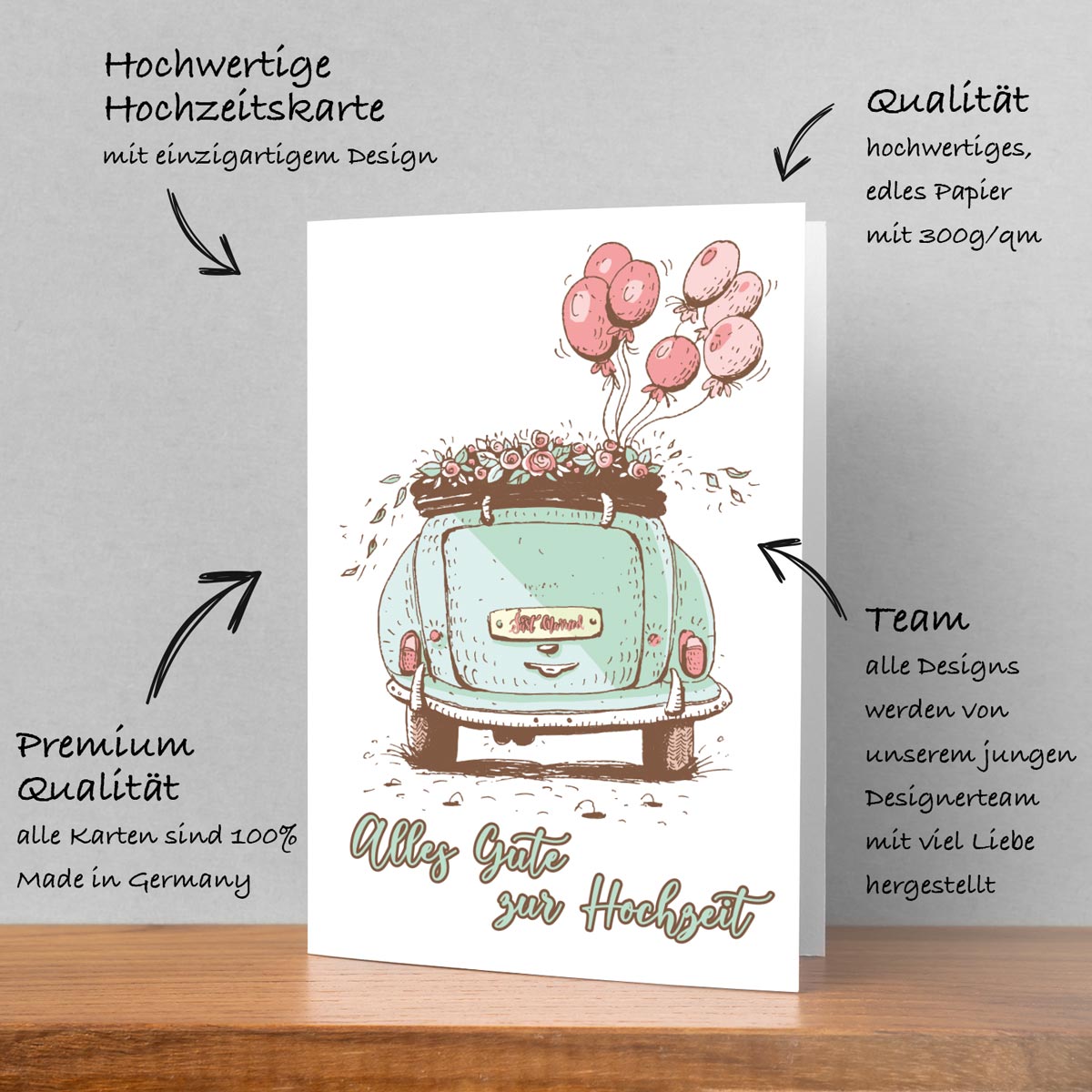1 Hochzeitskarte 18x12cm Klappkarte mit Umschlag Glückwunschkarte zur Hochzeit Merz Designkarten