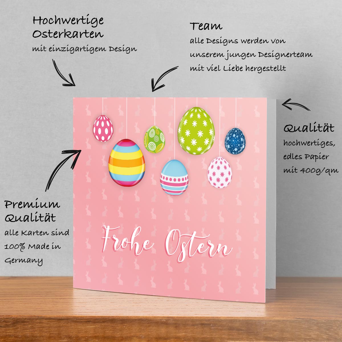 4 Premium Osterkarten Grußkarten Ostern Klappkarten mit Umschlag 14,8x14,8cm Merz Designkarten