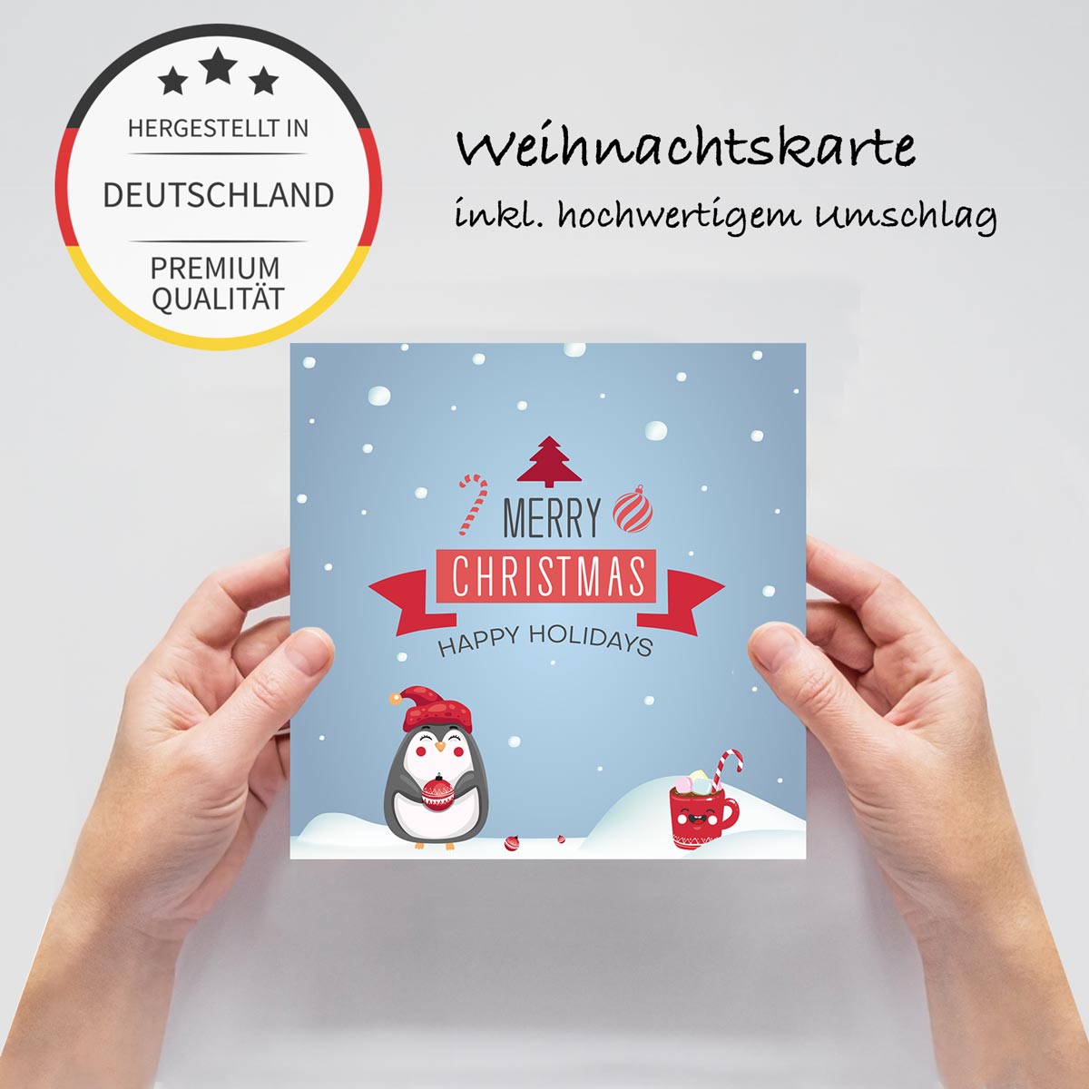 3 Weihnachtskarten (14,8x14,8cm) Motiv Pinguin mit 3 Kuverts